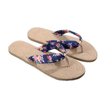 将图片加载到图库查看器，Women Summer Floral Flip Flops Beach Sandals Thongs Slippers Hemp Rope Travel Flip-Flops Unisex Home Slippers Flax Women House Slipper Open-Toe Breathable Slippers

