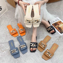 将图片加载到图库查看器，Women Summer Slipper Square Toe Chain Slippers Slip On Flat Slide Sandals Beach Flip Flops Casual Shoes Woman Heel Shoes Open Toe Slip On Dress Backless Heels Slides Slippers
