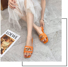 将图片加载到图库查看器，Women Summer Slipper Square Toe Chain Slippers Slip On Flat Slide Sandals Beach Flip Flops Casual Shoes Woman Heel Shoes Open Toe Slip On Dress Backless Heels Slides Slippers
