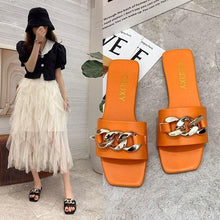 将图片加载到图库查看器，Women Summer Slipper Square Toe Chain Slippers Slip On Flat Slide Sandals Beach Flip Flops Casual Shoes Woman Heel Shoes Open Toe Slip On Dress Backless Heels Slides Slippers
