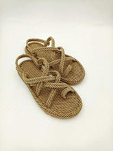 将图片加载到图库查看器，Women Summer Straw Rope Mesh Sandals Cross Tied Flat Sea Beach Casual Light Multi Elegant Design Flip Flop Trend Fashion High Quality Handmade Natural Comfortable Walking Sandals With Arch Support For Women

