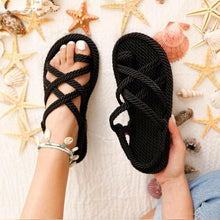 将图片加载到图库查看器，Women Summer Straw Rope Mesh Sandals Cross Tied Flat Sea Beach Casual Light Multi Elegant Design Flip Flop Trend Fashion High Quality Handmade Natural Comfortable Walking Sandals With Arch Support For Women
