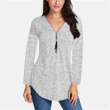 Load image into Gallery viewer, Women V-neck Zipper Long Sleeve Solid Color Top Plus Size Blouse Top
