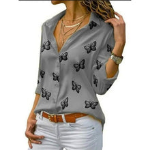 将图片加载到图库查看器，Women's Butterfly Long Sleeve Print Shirt Collar Basic Tops
