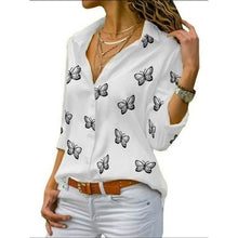 将图片加载到图库查看器，Women's Butterfly Long Sleeve Print Shirt Collar Basic Tops

