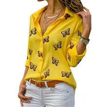 将图片加载到图库查看器，Women's Butterfly Long Sleeve Print Shirt Collar Basic Tops
