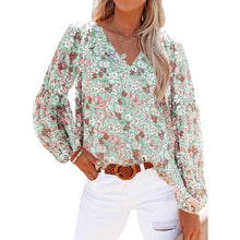 将图片加载到图库查看器，Womens Casual Boho Floral Print V Neck Long Sleeve Loose Blouse
