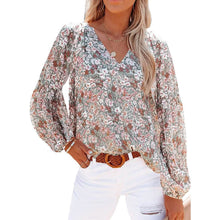 将图片加载到图库查看器，Womens Casual Boho Floral Print V Neck Long Sleeve Loose Blouse
