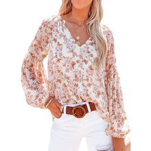 将图片加载到图库查看器，Womens Casual Boho Floral Print V Neck Long Sleeve Loose Blouse
