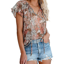将图片加载到图库查看器，Women's Casual Boho Floral Printed V Neck Tops Drawstring Blouse
