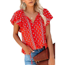 将图片加载到图库查看器，Women's Casual Boho Floral Printed V Neck Tops Drawstring Blouse
