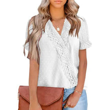 Load image into Gallery viewer, Women's Casual Lace Pom Pom V Neck Chiffon Short Sleeve Top
