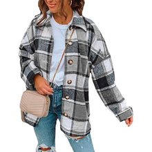 将图片加载到图库查看器，Women's Casual Woolen Long Sleeve Button Down Plaid Jacket
