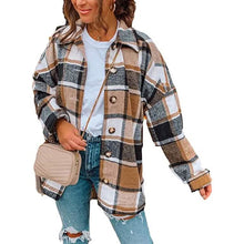 将图片加载到图库查看器，Women's Casual Woolen Long Sleeve Button Down Plaid Jacket
