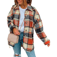 将图片加载到图库查看器，Women's Casual Woolen Long Sleeve Button Down Plaid Jacket

