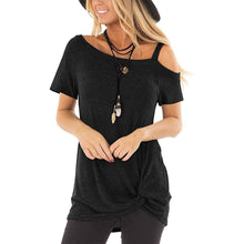 将图片加载到图库查看器，Women's Cold Shoulder Tops Summer Short Sleeve Casual Twist Knot Blouse T-Shirt
