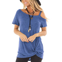 将图片加载到图库查看器，Women's Cold Shoulder Tops Summer Short Sleeve Casual Twist Knot Blouse T-Shirt

