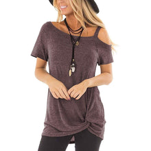 将图片加载到图库查看器，Women's Cold Shoulder Tops Summer Short Sleeve Casual Twist Knot Blouse T-Shirt
