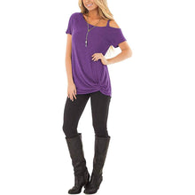 将图片加载到图库查看器，Women's Cold Shoulder Tops Summer Short Sleeve Casual Twist Knot Blouse T-Shirt
