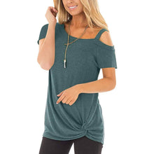 将图片加载到图库查看器，Women's Cold Shoulder Tops Summer Short Sleeve Casual Twist Knot Blouse T-Shirt
