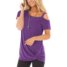 将图片加载到图库查看器，Women's Cold Shoulder Tops Summer Short Sleeve Casual Twist Knot Blouse T-Shirt
