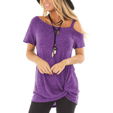 将图片加载到图库查看器，Women's Cold Shoulder Tops Summer Short Sleeve Casual Twist Knot Blouse T-Shirt
