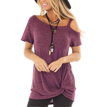 将图片加载到图库查看器，Women's Cold Shoulder Tops Summer Short Sleeve Casual Twist Knot Blouse T-Shirt
