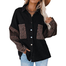 将图片加载到图库查看器，Womens Contrast Leopard Denim Jacket Long Sleeve Button Down Shirts

