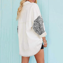 将图片加载到图库查看器，Womens Contrast Leopard Denim Jacket Long Sleeve Button Down Shirts
