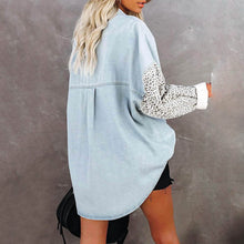 将图片加载到图库查看器，Womens Contrast Leopard Denim Jacket Long Sleeve Button Down Shirts
