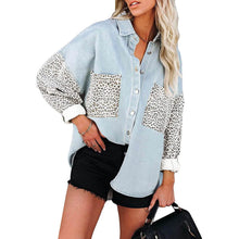 将图片加载到图库查看器，Womens Contrast Leopard Denim Jacket Long Sleeve Button Down Shirts
