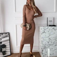 Load image into Gallery viewer, Women's Long Sleeve Dress V-neck Casual Dresses Soid Color Stripe Bodycon Dress Plus Size Long Dress
