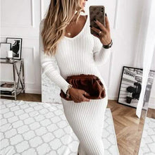 Load image into Gallery viewer, Women's Long Sleeve Dress V-neck Casual Dresses Soid Color Stripe Bodycon Dress Plus Size Long Dress
