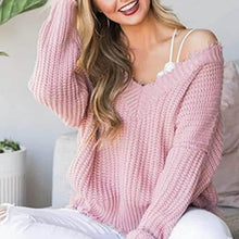 Load image into Gallery viewer, Women's Loose Knitted Sweater Long Sleeve V-Neck Ripped Pullover Sweaters Crop Top Knit Jumper
