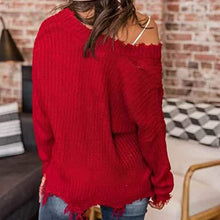 Load image into Gallery viewer, Women's Loose Knitted Sweater Long Sleeve V-Neck Ripped Pullover Sweaters Crop Top Knit Jumper
