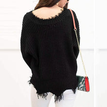 Load image into Gallery viewer, Women's Loose Knitted Sweater Long Sleeve V-Neck Ripped Pullover Sweaters Crop Top Knit Jumper
