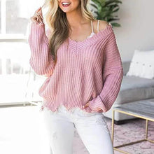 Load image into Gallery viewer, Women's Loose Knitted Sweater Long Sleeve V-Neck Ripped Pullover Sweaters Crop Top Knit Jumper
