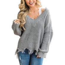 Load image into Gallery viewer, Women's Loose Knitted Sweater Long Sleeve V-Neck Ripped Pullover Sweaters Crop Top Knit Jumper
