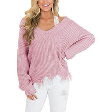 Load image into Gallery viewer, Women's Loose Knitted Sweater Long Sleeve V-Neck Ripped Pullover Sweaters Crop Top Knit Jumper

