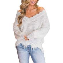 Load image into Gallery viewer, Women's Loose Knitted Sweater Long Sleeve V-Neck Ripped Pullover Sweaters Crop Top Knit Jumper
