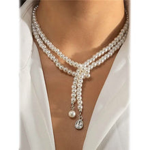 将图片加载到图库查看器，Women's Elegant Multi-Layered Faux Pearl Necklace, Boho Tassel Pendant, Dual-Strand Jewelry
