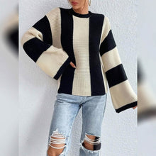 将图片加载到图库查看器，Women's Pullover Ribbed Knit Patchwork Striped Sweater

