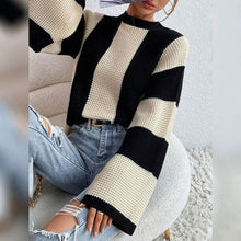 将图片加载到图库查看器，Women's Pullover Ribbed Knit Patchwork Striped Sweater
