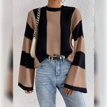将图片加载到图库查看器，Women's Pullover Ribbed Knit Patchwork Striped Sweater
