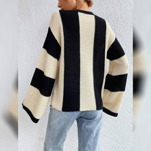 将图片加载到图库查看器，Women's Pullover Ribbed Knit Patchwork Striped Sweater
