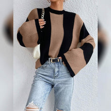 将图片加载到图库查看器，Women's Pullover Ribbed Knit Patchwork Striped Sweater

