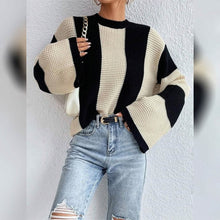 将图片加载到图库查看器，Women's Pullover Ribbed Knit Patchwork Striped Sweater
