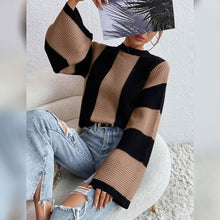 将图片加载到图库查看器，Women's Pullover Ribbed Knit Patchwork Striped Sweater
