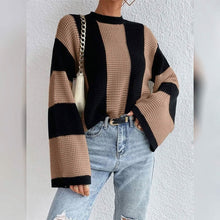 将图片加载到图库查看器，Women's Pullover Ribbed Knit Patchwork Striped Sweater
