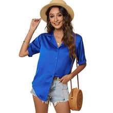 Load image into Gallery viewer, Women's Short Sleeve Casual Satin Button Down Shirt
